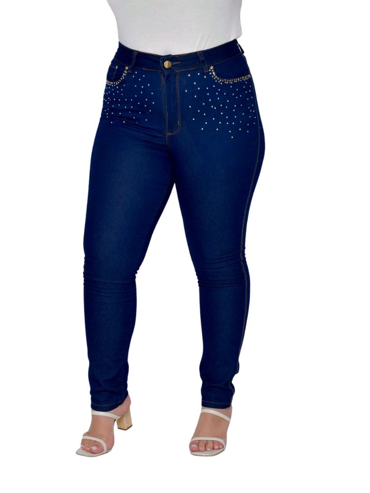 Damen Skinny Dark Jeans und Strass Taschen mit Stein