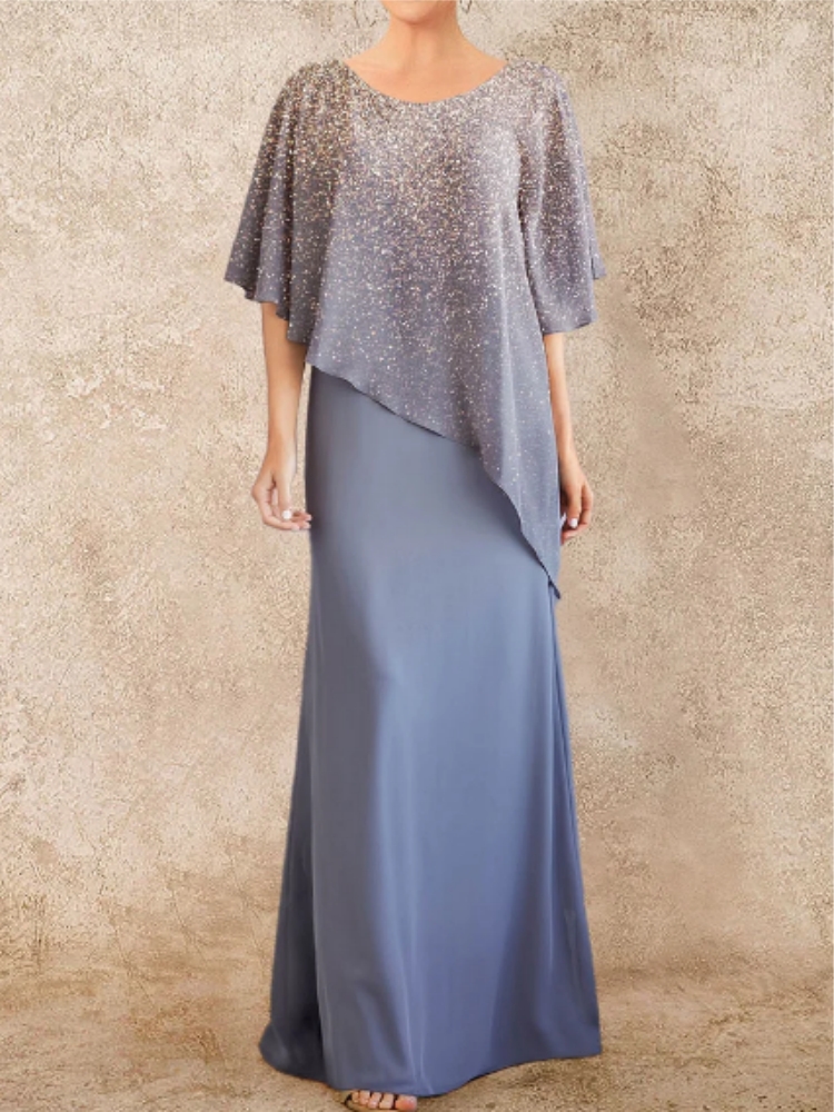 Vestido de talla grande para mujer, vestido de noche elegante, novia, mamá, gris, azul, gasa, estampado brillante ombré, vestido Maxi Irregular para mujer