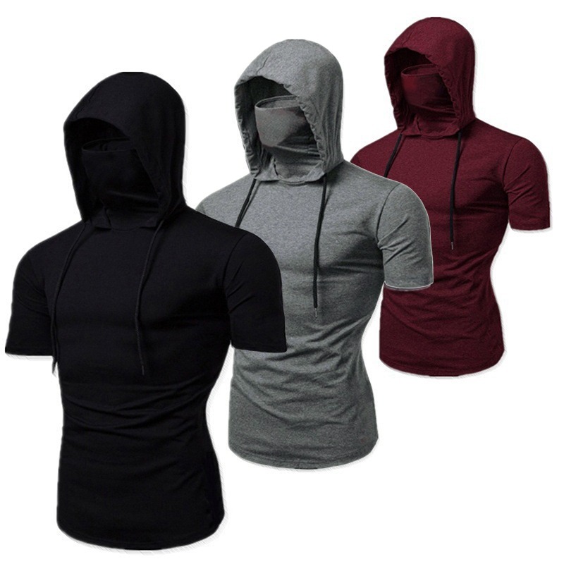Sudadera con capucha fina para gimnasio para hombre, sudaderas con capucha de manga corta con máscara, sudadera informal con empalme, máscara grande, sudadera con capucha, Tops con capucha para ciclismo