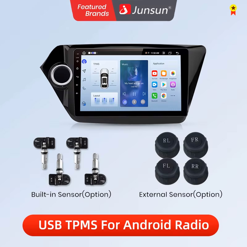 Sistem Alarm Pemantauan Tekanan Ban USB Junsun TPMS Dengan 4 Sensor Internal untuk Pemutar DVD Mobil Navigasi Aksesoris Mobil