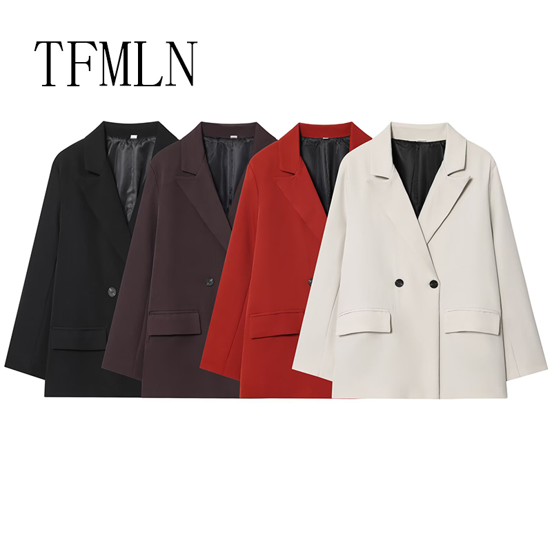 เสื้อเบลเซอร์ผู้หญิง TFMLN รุ่นใหม่สำหรับฤดูใบไม้ร่วง แบบกระดุมสองแถว มีกระเป๋าเสื้อ แจ็คเก็ตผู้หญิง แขนยาว ปี 2025 สไตล์ลำลอง ชิค เหมาะสำหรับใส่ทำงาน