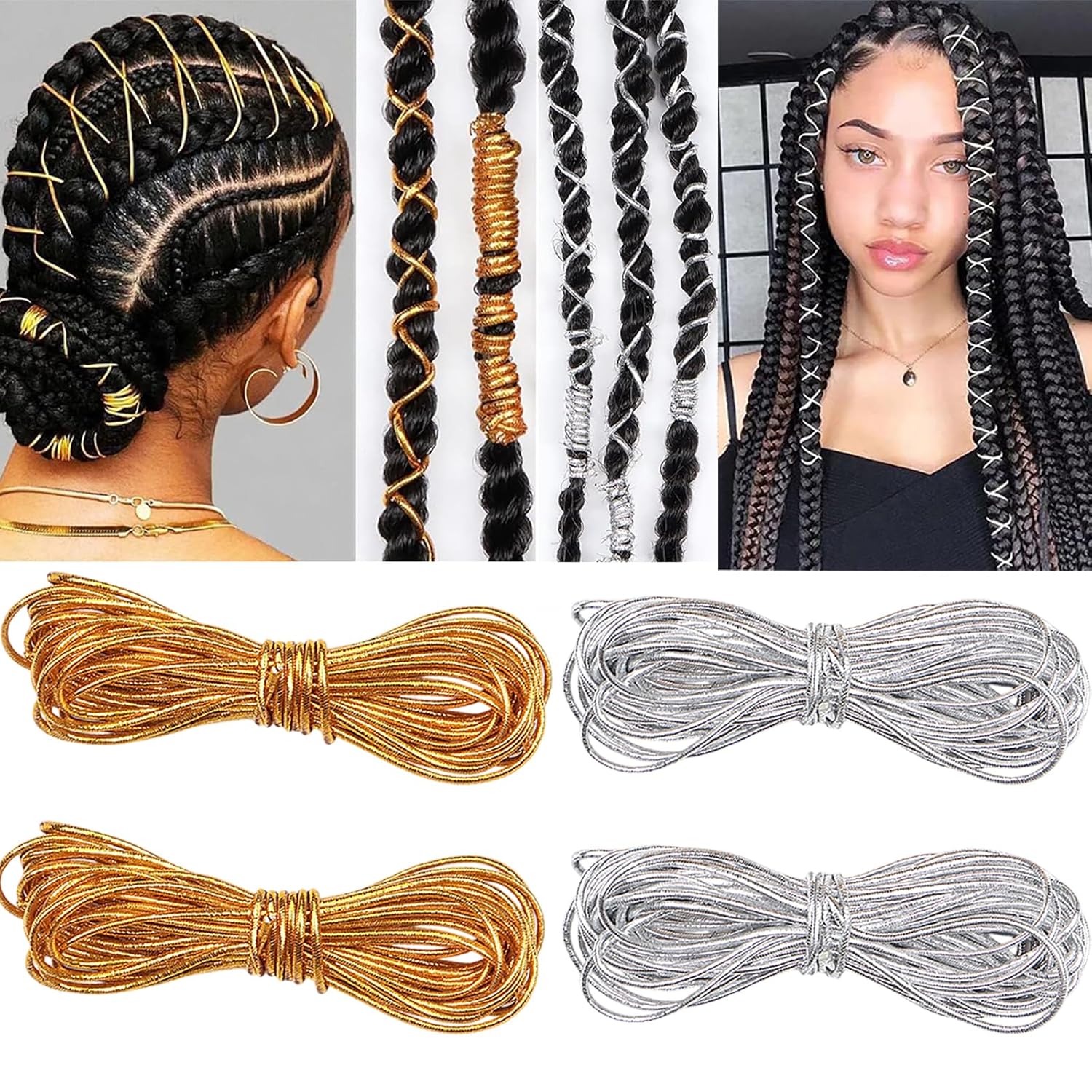 5 PCS 5M สายผมสําหรับ Braids อุปกรณ์เสริมผม String, ห่อผม String Dreadlock Braiding เชือก Silver GOLD Braiding ผม