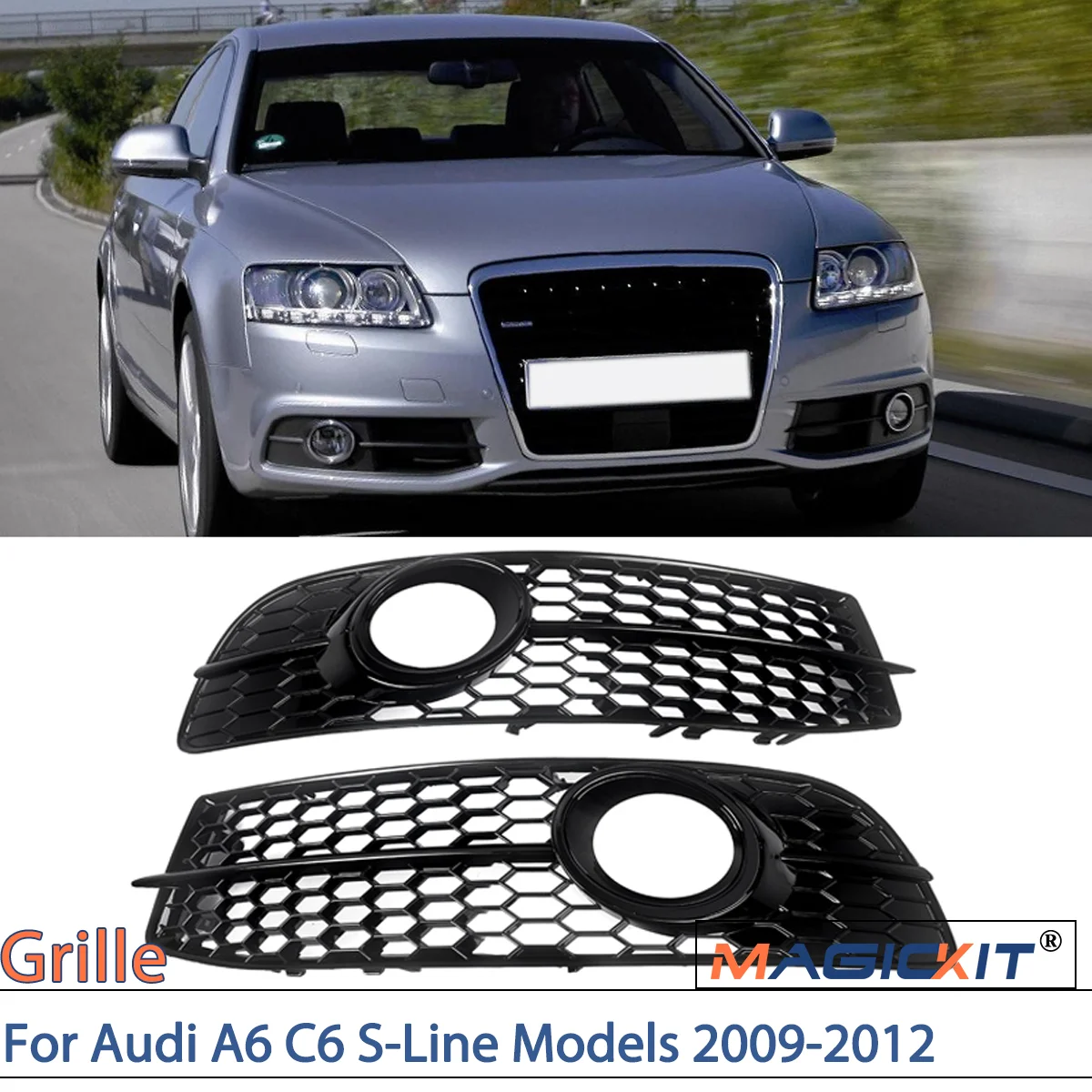 Magickit-Gloss Black Front Bumper, Fog Light Grille Cover, Acessórios para Carro, Gloss Black, Audi A6, C6, S-Line Models, 2009-2012