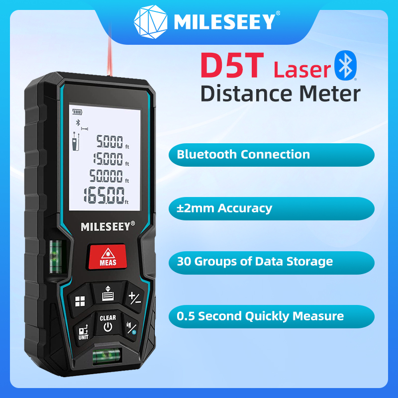 Télémètres laser Mileseey D5T avec Bluetooth, télémètre avec 2 bulles de niveau à bulle, ruban à mesurer laser précision ± 2 mm