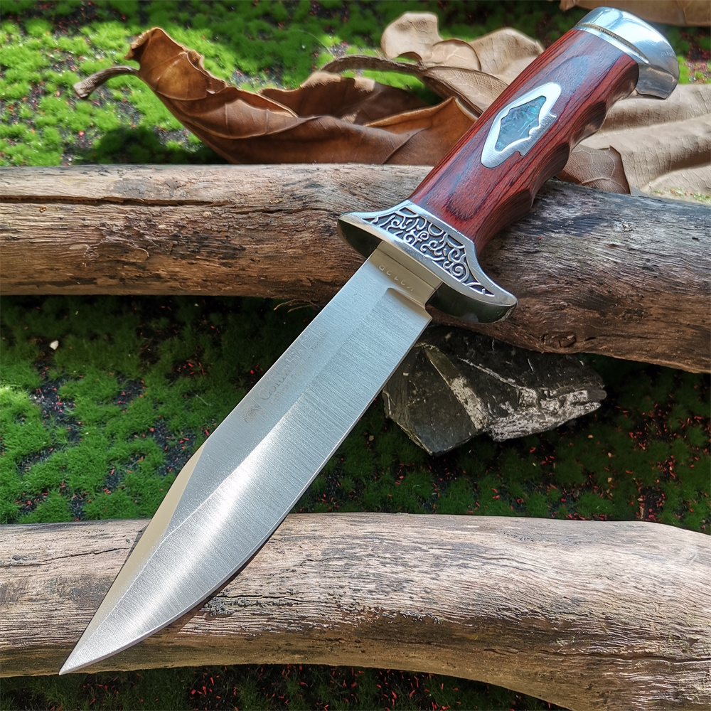 Cuchillo recto de hoja fija con mango de madera para acampar al aire libre, herramienta táctica de supervivencia con vaina, hoja de acero 7Cr13