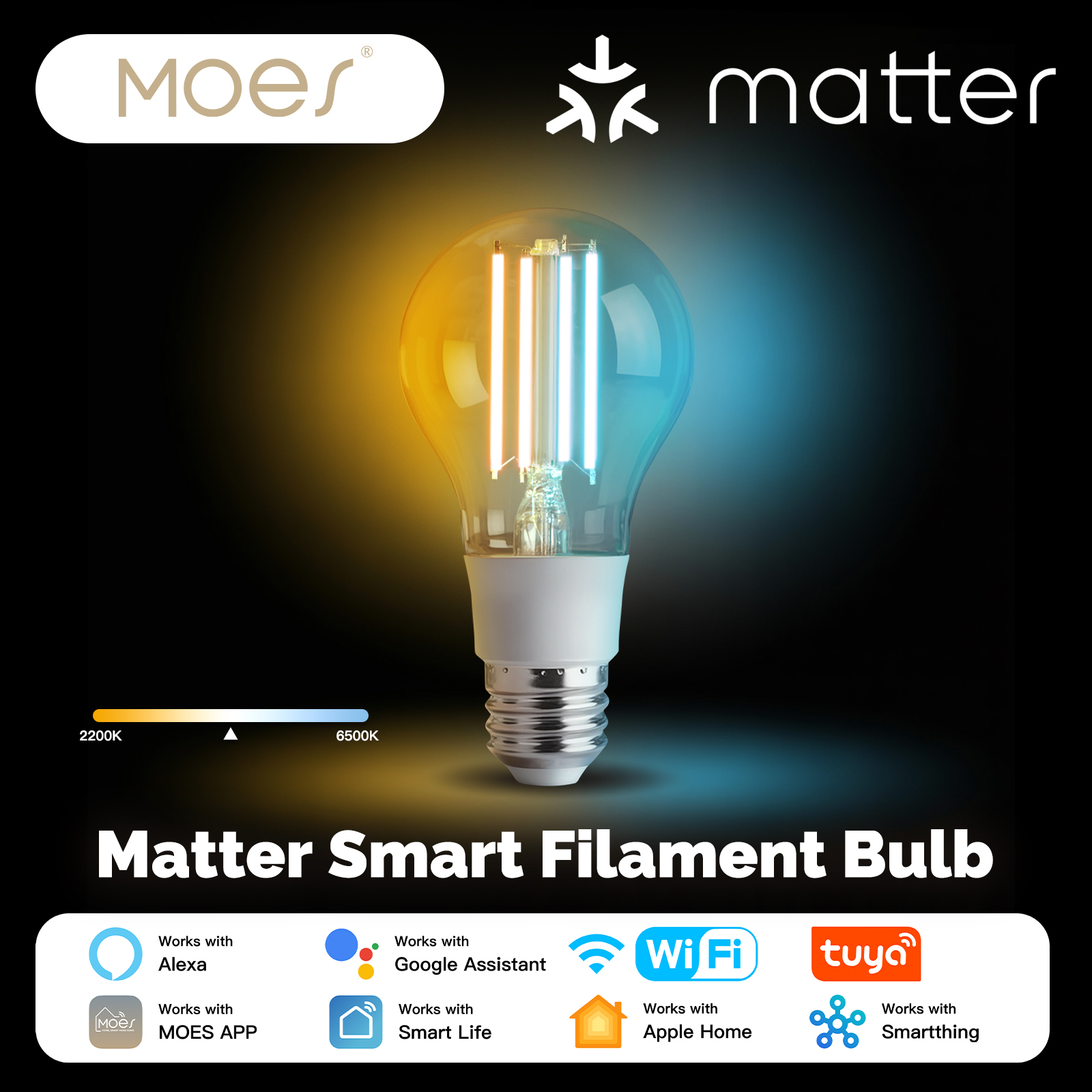 MOSE Tuya Matter WiFi スマートフィラメント電球 E27 省エネライト 調光可能 APP リモートコントロール Alexa GoogleHome 音声コントロール対応