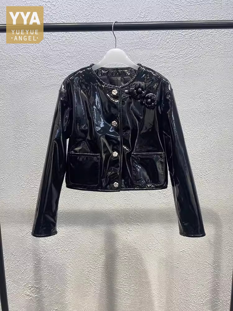 Chaqueta de cuero genuino de diseñador a la moda para mujer, abrigo corto de charol de piel de oveja con un solo pecho para primavera y oficina