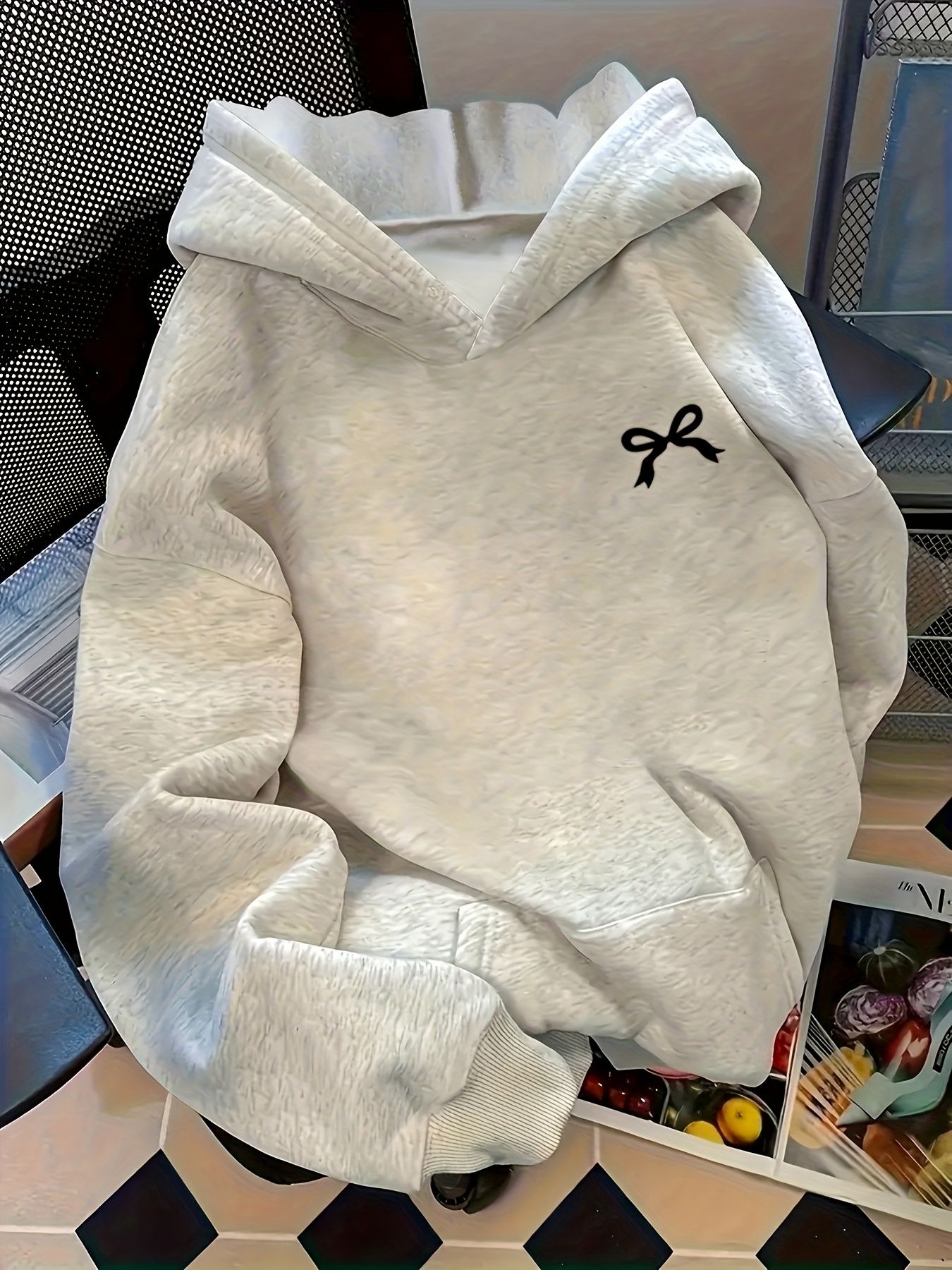 Sudadera con capucha con estampado de lazo para mujer, sudadera con capucha de manga larga con estampado de lazo, sudadera cómoda de ajuste holgado con bolsillo canguro