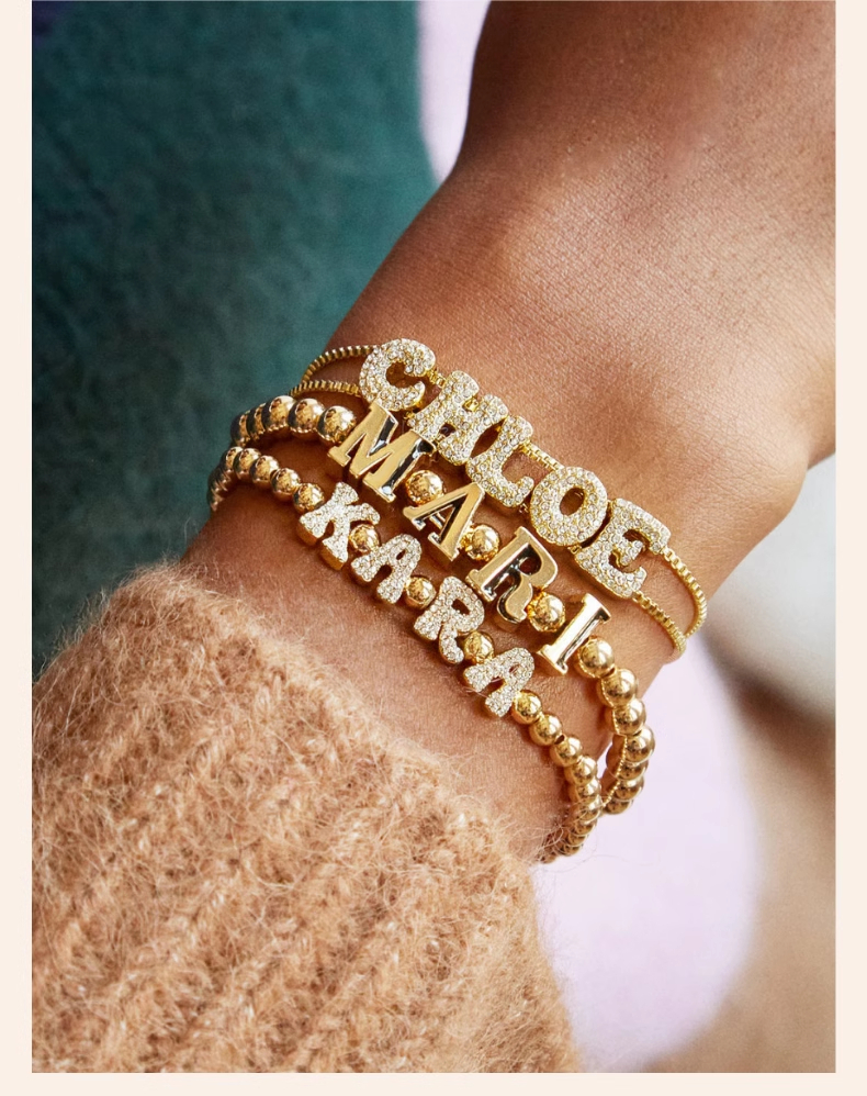 DOREMI Crystal Zircon Name Customized Letter Doubel Chain Mesh Dainty Sliding Slider Letter Personalize Name Bracelets