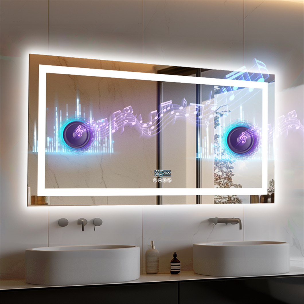 Espejo de baño XXL Espejo de tocador LED inteligente montado en la pared con Bluetooth, pantalla digital, iluminación frontal trasera, antivaho para pasillo de hotel