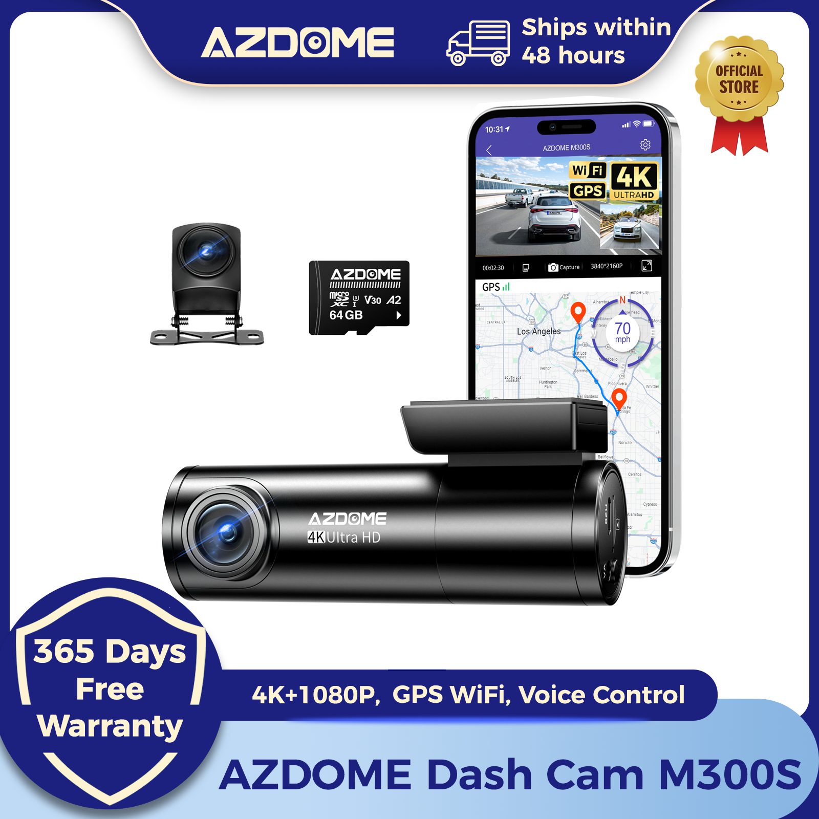 AZDOME M300S Dash Cam 4K+1080P Kamera Mobil Kamera Belakang Dash Cam Lensa 800MP GPS Terintegrasi WIFI Car DVR Kontrol Suara Penglihatan Malam 후방카메