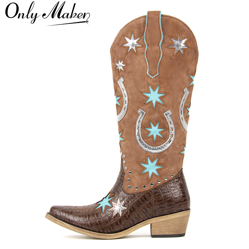Onlymaker Dames Borduren Ster Westerse Cowgirl Laarzen Puntschoen Zijrits Kniehoge Laarzen met Dikke Hak