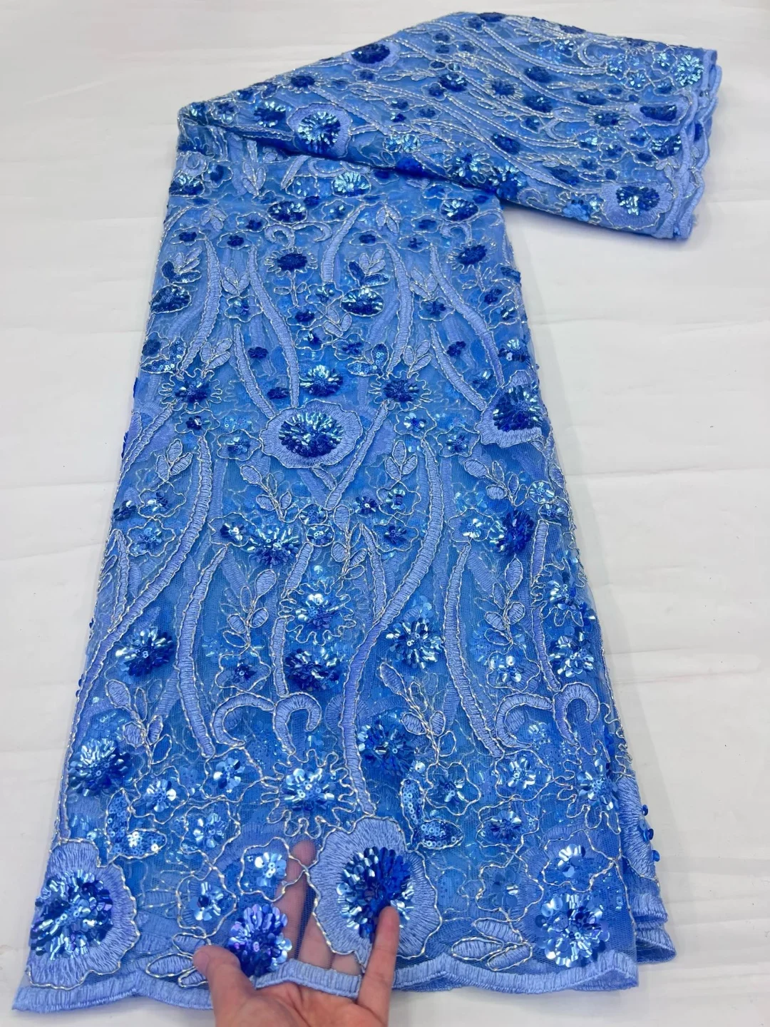 Tecido de Renda de Tule Africano Azul Celeste 2026, Renda Bordada com Lantejoulas Francesas Nigerianas de Alta Qualidade para Costura de Vestidos de Festa, 5 Jardas