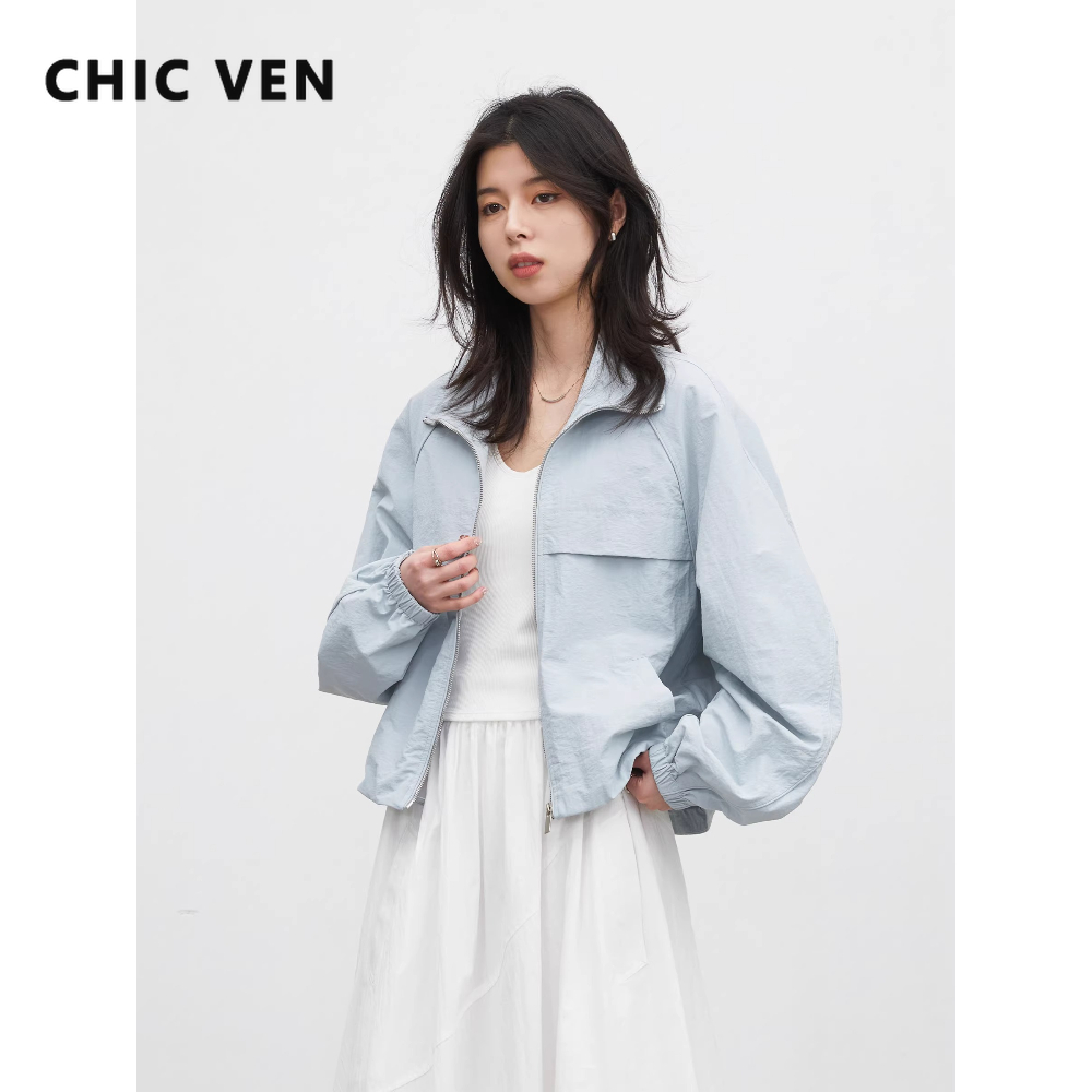 CHIC VEN Fashion Women Short Coat Solid Loose Casual New Stand Up Collar Female Windproof Jacket Outerwear Spring Summer 2026