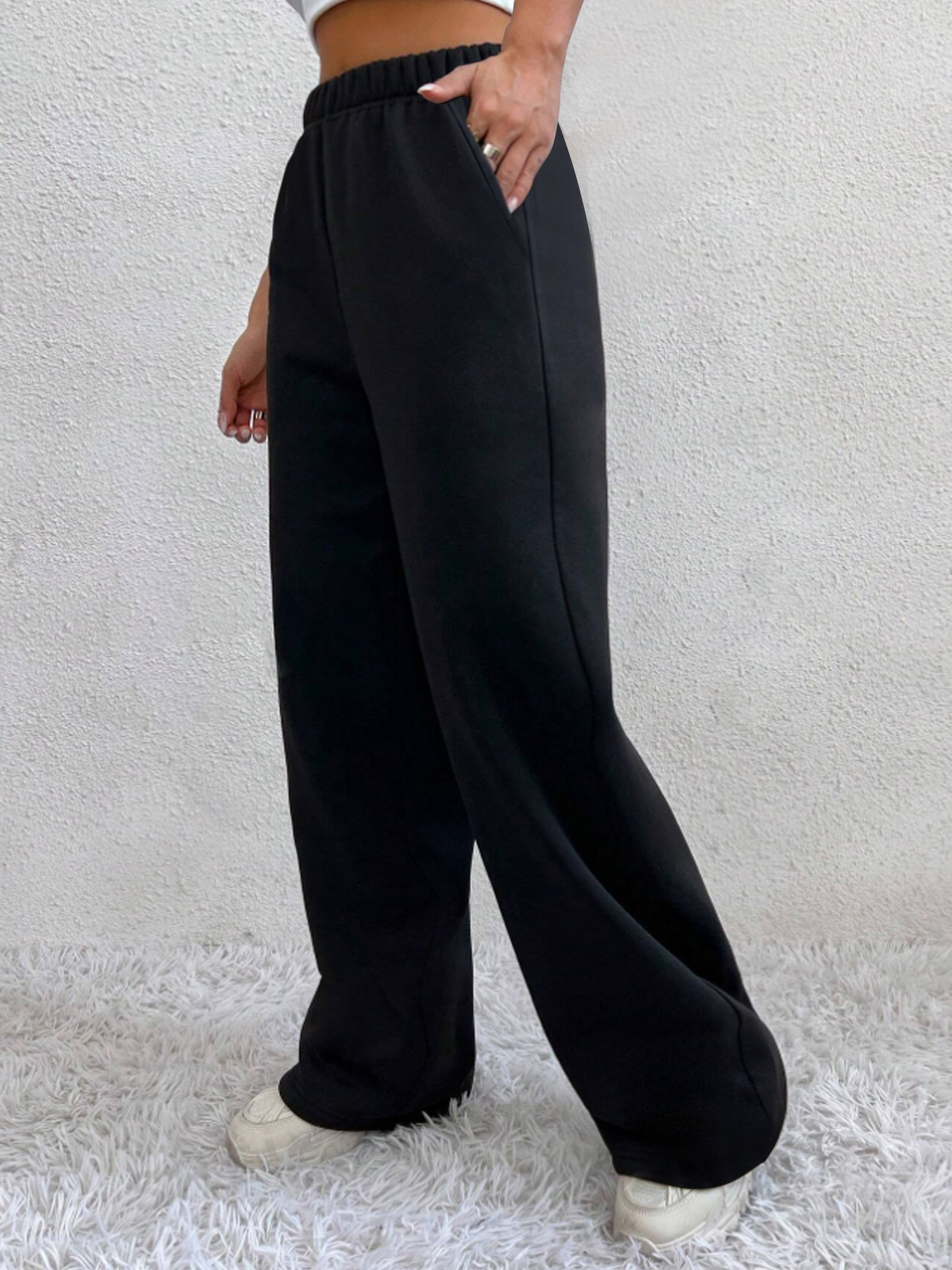 Moletom feminino de cintura alta forrado com lã quente, estilo casual, bolso, calça de jogging, outono e inverno