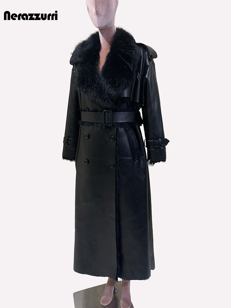 Nerazzurri-Manteau d'Hiver Extra Long Respzed pour Femme, Pardessus Épais, Chaud, Noir, Doux, Fausse Peau de Mouton, Décontracté, 2024