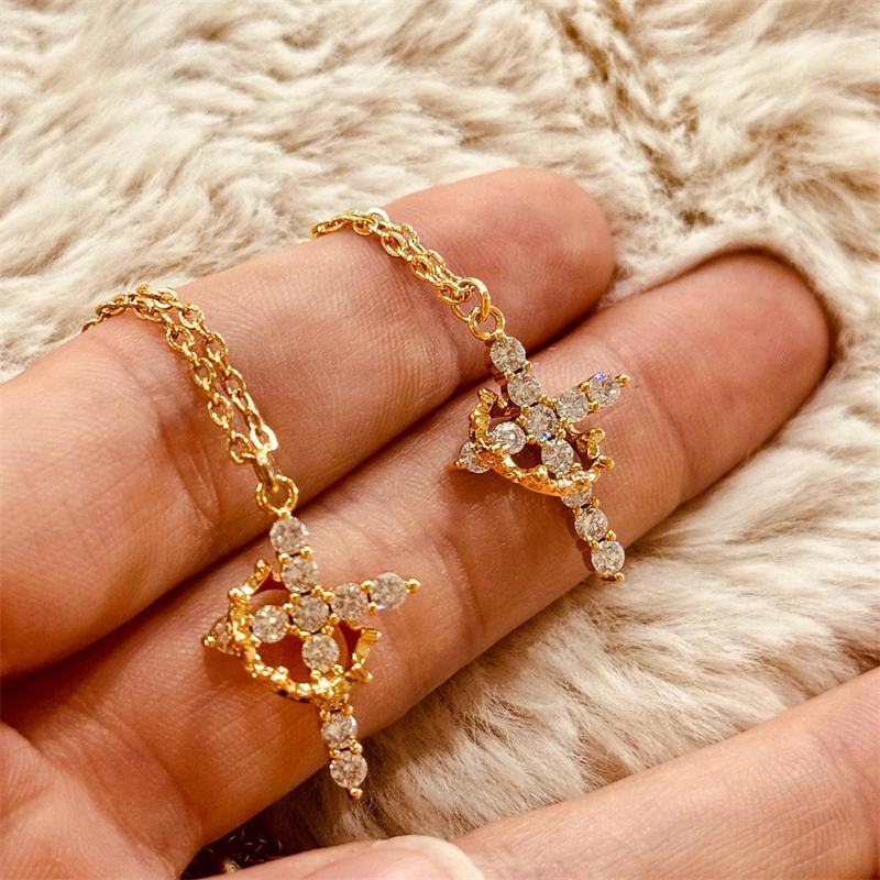Draaibare kroonkruis hanger ketting voor vrouwen glanzende strass roestvrijstalen kruis choker christelijke gebed partij sieraden