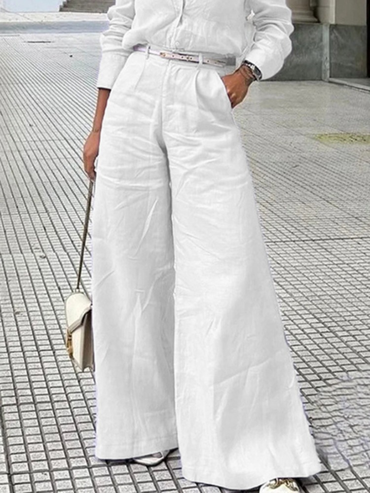 Bonboho Calça feminina de algodão e linho, cintura alta, pernas largas, com bolsos, verão 2021, minimalista, cor sólida, casual, escritório