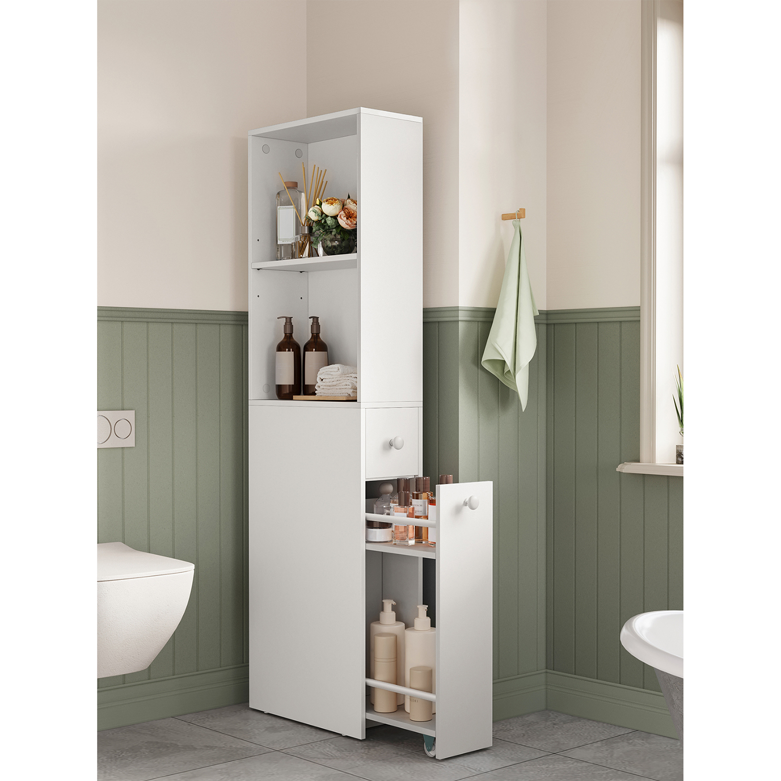VASAGLE Armario de Baño Alto, Armario de Almacenamiento Delgado, con Cajones y Estante Ajustable, Armario para Espacios Pequeños, Estilo Moderno, Blanco Clásico