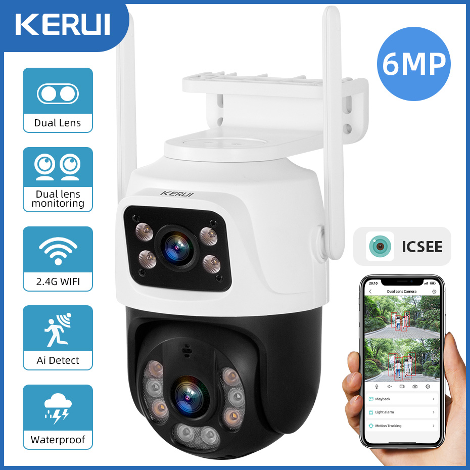 KERUI Outdoor Wireless 6MP Dual Objektiv WiFi IP Kamera Home Security CCTV Video Überwachung Menschliches Erkennen Dual Screen Icsee
