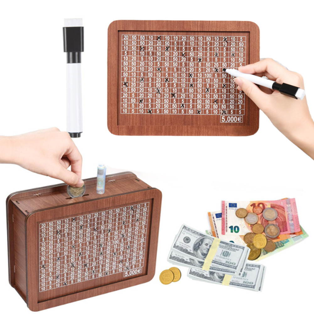 1000/2000/3000/5000/10000 달러 돈 상자 목재 돼지 저금통, 재사용 가능한 돈 상자, 절약 목표 및 숫자 상자 포함
