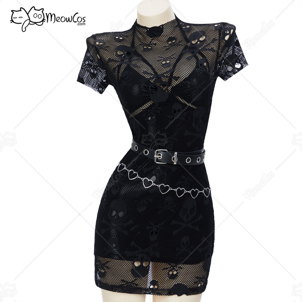 USA Stock-MEOWCOS femmes chasseur de nuit gothique Punk robe ensemble noir licou dos nu robe et dentelle maille robe avec ceinture