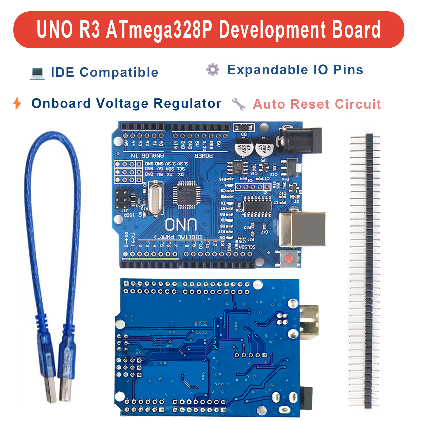 Placa UNO R3 com Microcontrolador ATmega328P e Driver CH340, Fácil Instalação com Cabo de Conexão para Arduino IDE, Aprendizado STEM Confiável