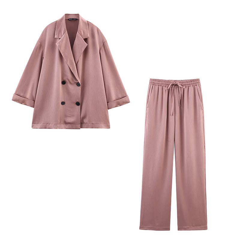 Conjunto de calças com efeito amassado para mulheres, estilo pijama, blazer de cetim com botões duplos e calças de cintura alta, roupa feminina para a primavera.