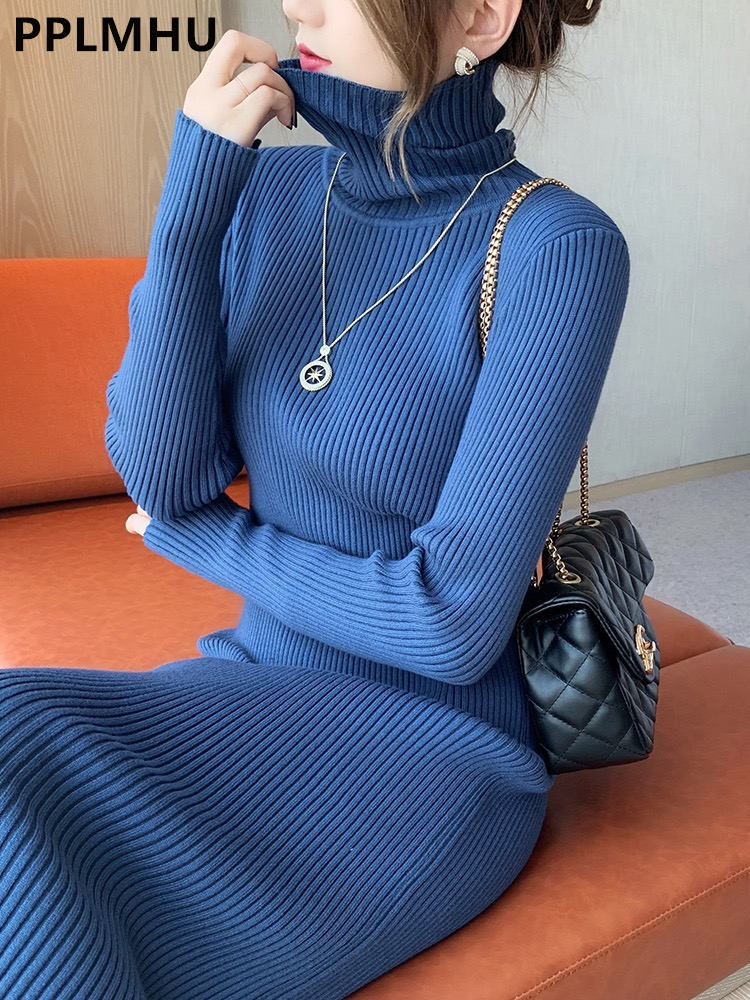 Vestidos de punto ajustados de cuello alto para mujer, suéter elegante informal, coreano, longitud media, prendas de punto suaves, bata inferior, Otoño e Invierno