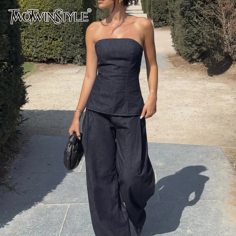TWOTWINSTYLE, conjunto Retro americano de dos piezas para mujer, camisetas sin mangas sin tirantes, pantalones de pierna ancha de cintura alta, traje vaquero para mujer