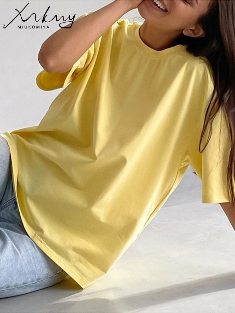Camisetas blancas simples de gran tamaño para mujer, camisetas verdes de algodón para mujer, camiseta azul holgada de manga corta, camiseta amarilla para mujer