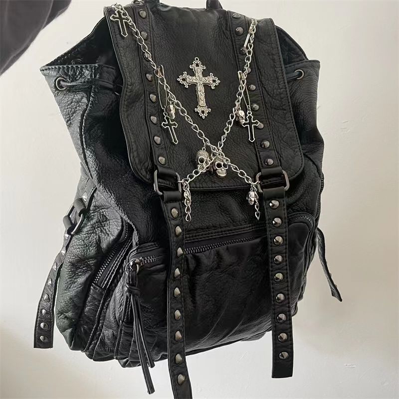 Grunge Nit czarny Y2k Plecak Kobiety Gothic Subculture Punk Cross Black Mochila Ladies Vintage Harajuku Plecaki Estetyczne