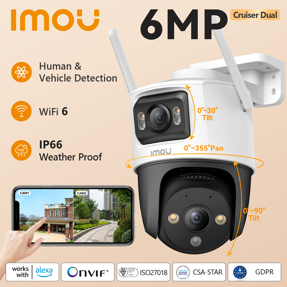 IMOU Cruiser Dual Lens 6MP buitencamera Full-color nachtzicht Home Security AI Voertuigdetectie Surveillance PT-camera