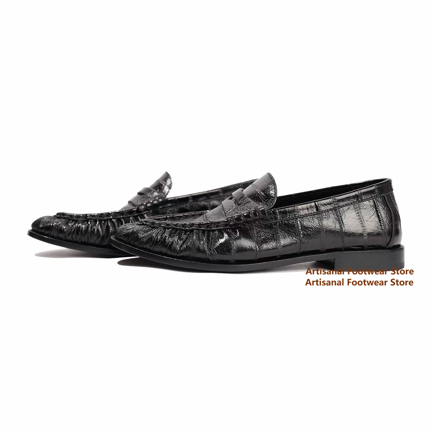 Mocassini da uomo in pelle nera goffrata effetto coccodrillo, con arricciature, slip-on eleganti, vintage, con stampa coccodrillo, scarpe casual di tendenza