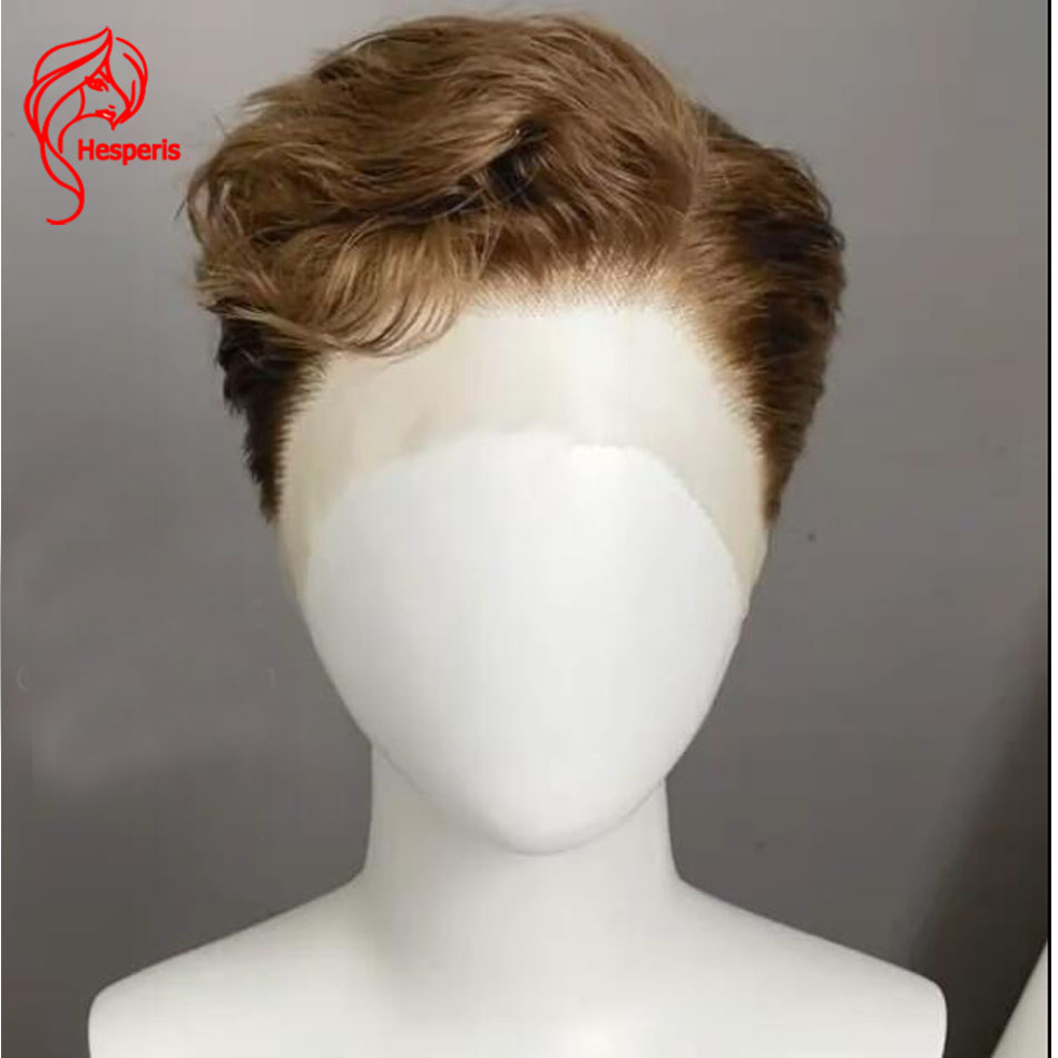 Peruka męska Hesperis Brown Wavy Lace Front z naturalnych włosów, brazylijskie włosy Remy, krótki fryzura Pixie, peruki męskie z włosów naturalnych, wstępnie wyskubane, peruki chłopięce z włosów naturalnych.
