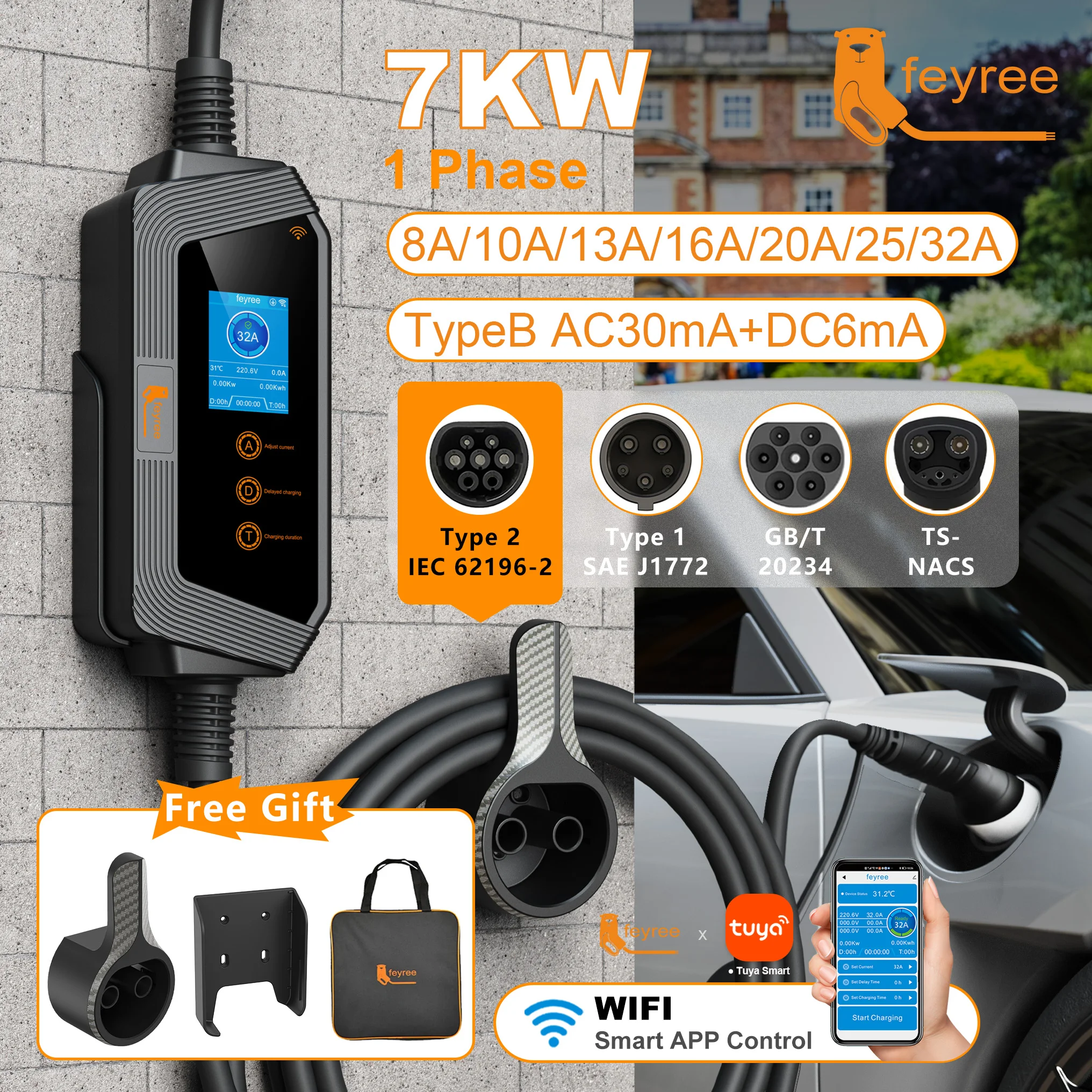 Feyree Type2 / Type1 / GBT / TS-NACS Розетка 32A 7KW 1-фазное интеллектуальное приложение Wi-Fi Управление для дома и наружного использования