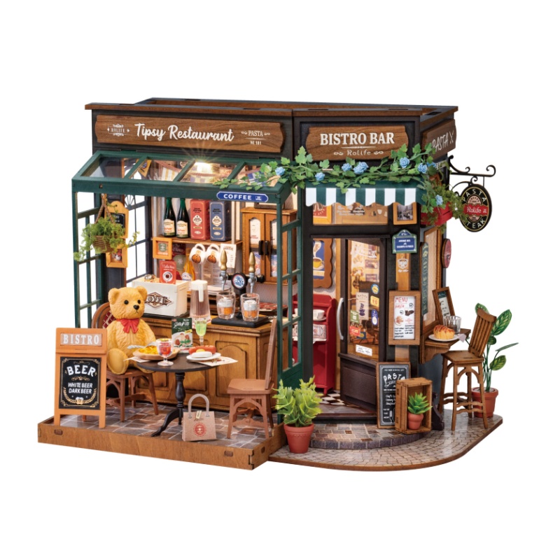 Robotime Rolife Kit casa in miniatura fai-da-te Tipsy Ristorante Scrivania Scaffale Decorazione per adulti Idea regalo per ragazze Ragazzi Bambini