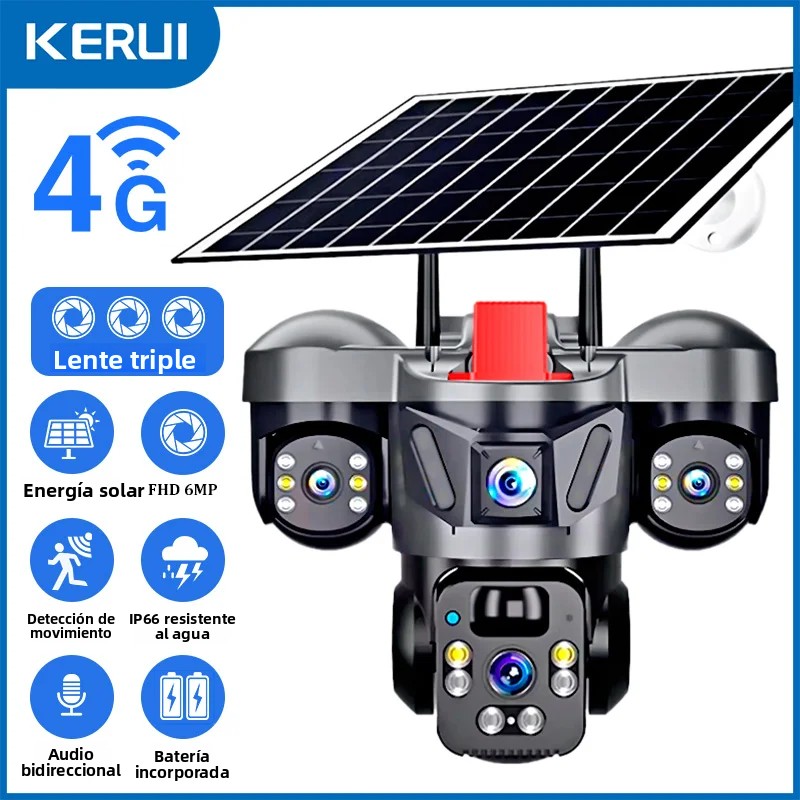 KERUI-cámara PTZ para exteriores, 6MP, 4G, SIM, WIFI, Panel Solar, Triple lente, seguridad para el hogar, vídeo CCTV, vigilancia, batería integrada V380pro
