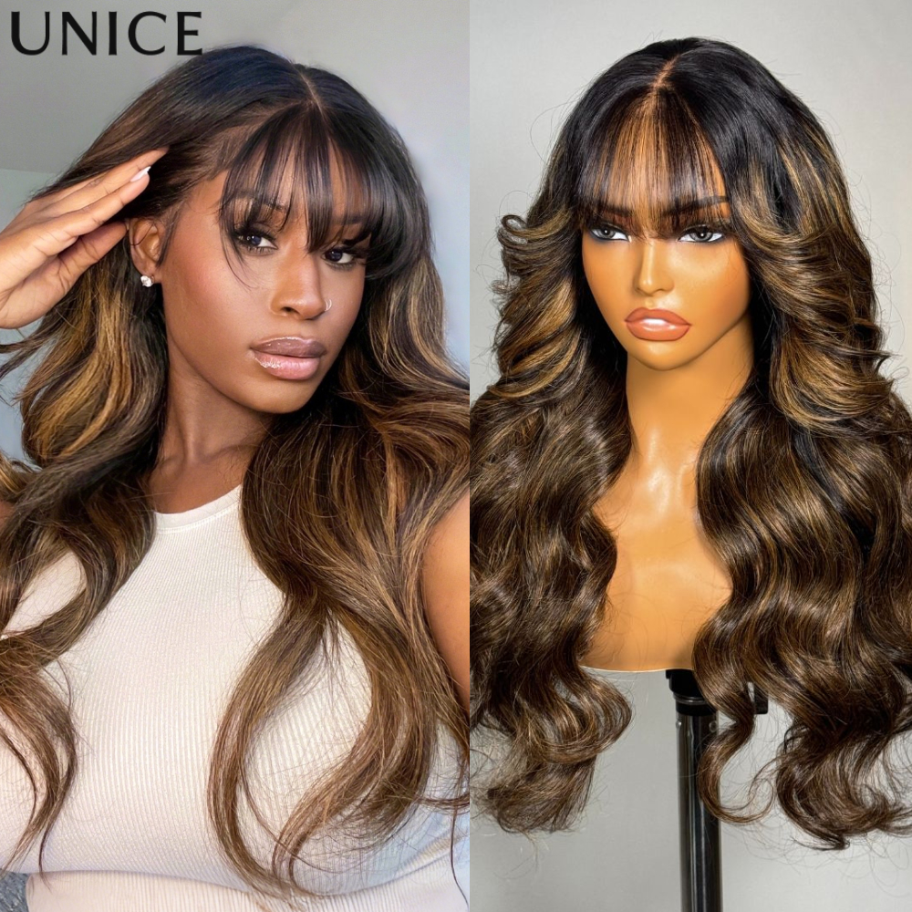 UNice Pre Everything Peruca Frontal de Renda 13x4 com Destaques Balayage, Ondas Soltas e Franja Leve, 100% Cabelo Humano, Sem Cola