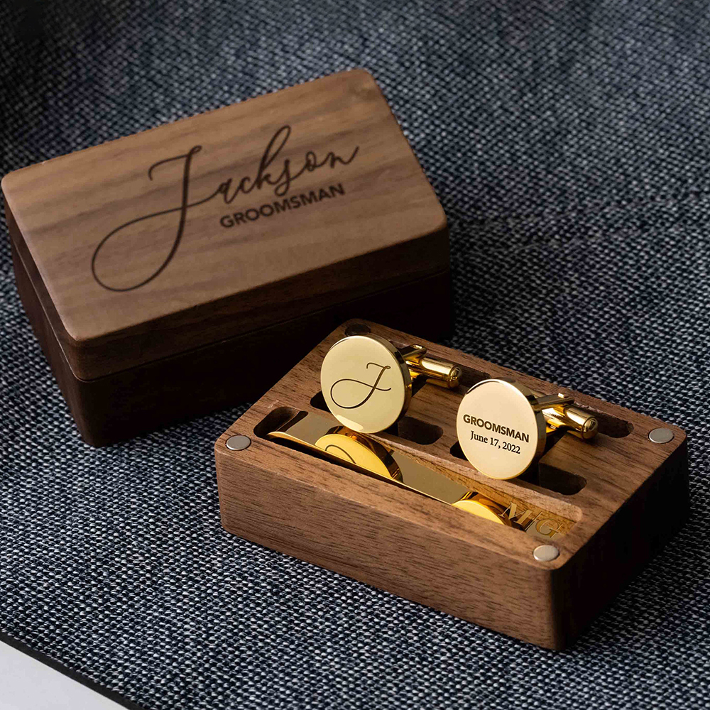Benutzerdefinierte Manschettenknöpfe aus Metall, Krawattenklammer und rechteckige Geschenkbox, graviertes Geschenk für Papa und Trauzeugen, personalisiertes Manschettenknopf-Set für Trauzeugen