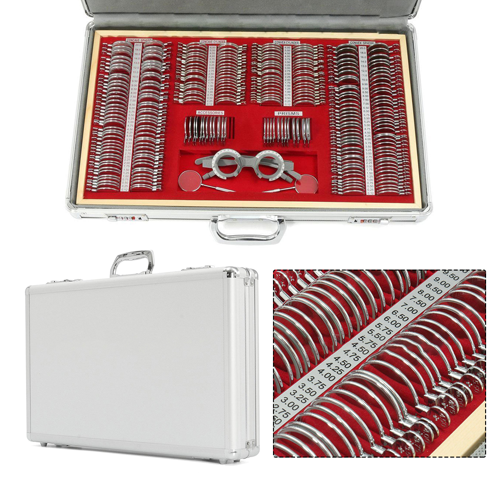Juego de lentes de prueba ópticas de 266 Uds., Kit de optometría, lentes oftálmicas con borde metálico, caja de aluminio, marco de prueba y cilindros cruzados (266 unids/set)