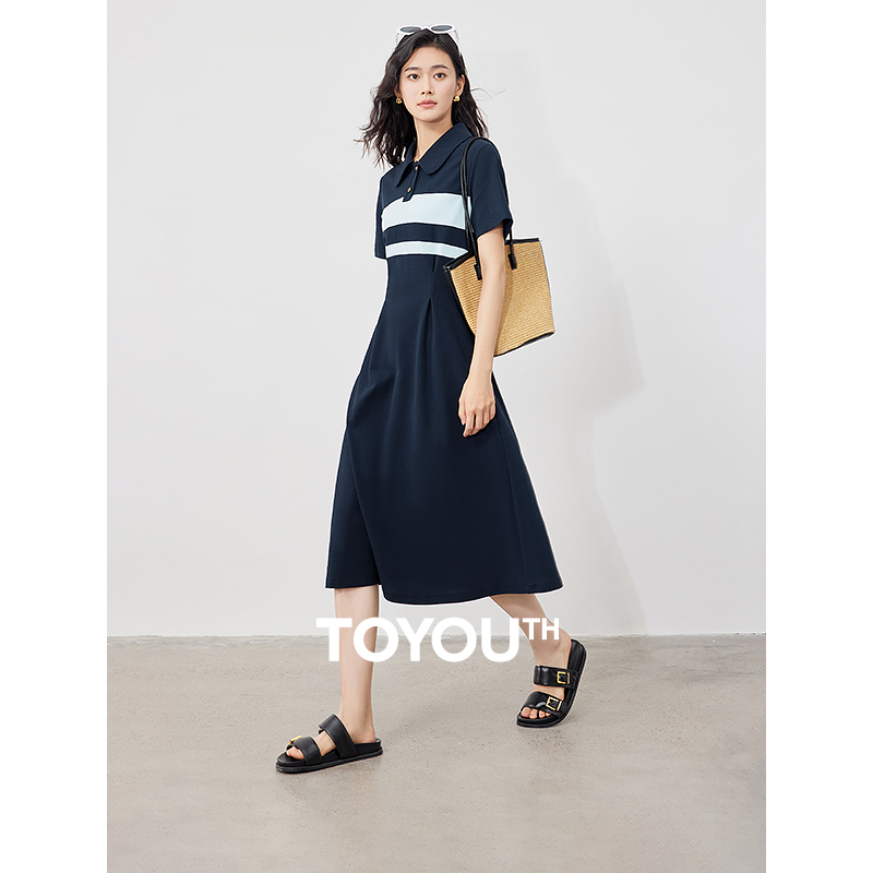 TOYOUTH Women Polo Dress 2024 Summer New contrast Striped Turn Down Collar Ankel Length Fitting Dress