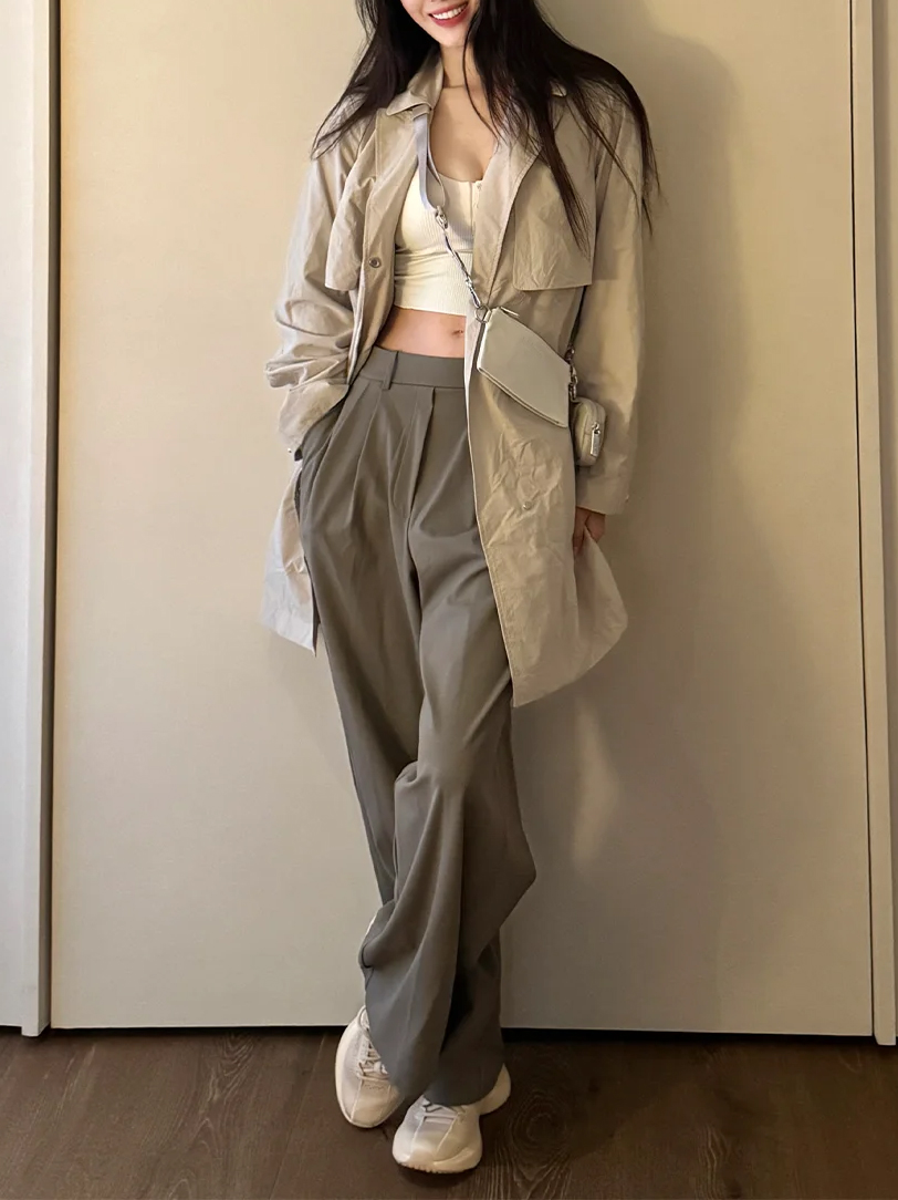 Pantaloni da abito con tasche e pieghe, sensazione di freschezza, versatili pantaloni lunghi a gamba larga, casual, taglio dritto, elastico in vita