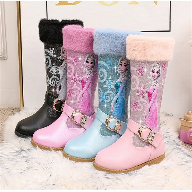 Disney meninas botas outono de tubo alto mais veludo elsa princesa crianças botas de salto alto congelado azul sapatos quentes tamanho 25-36