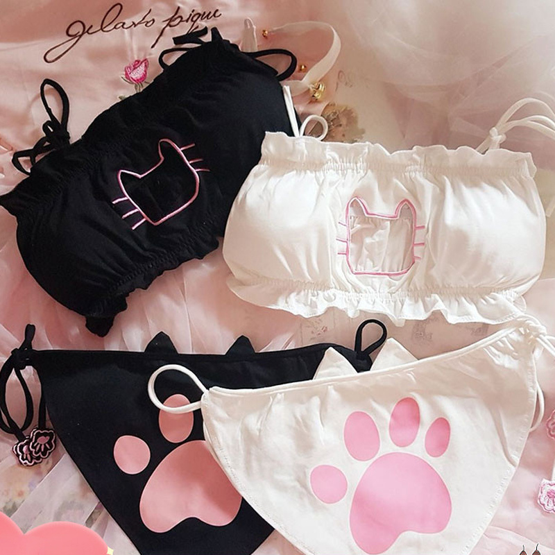 Anime Kucing Lucu Set Bra & Celana Dalam Wanita Pakaian Dalam Lembut Bebas Kawat Pakaian Tidur Intim Kawaii Lolita Hollow Out Kitty Pakaian Tidur