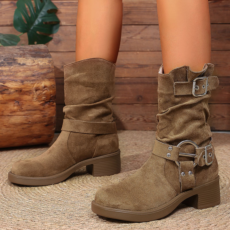 Bottines Slouchy en Faux Daim Kaki pour Femme, Collection Automne 2026, avec Boucle et Talon Épais, Bottines Courtes Style Motard Grande Taille 42