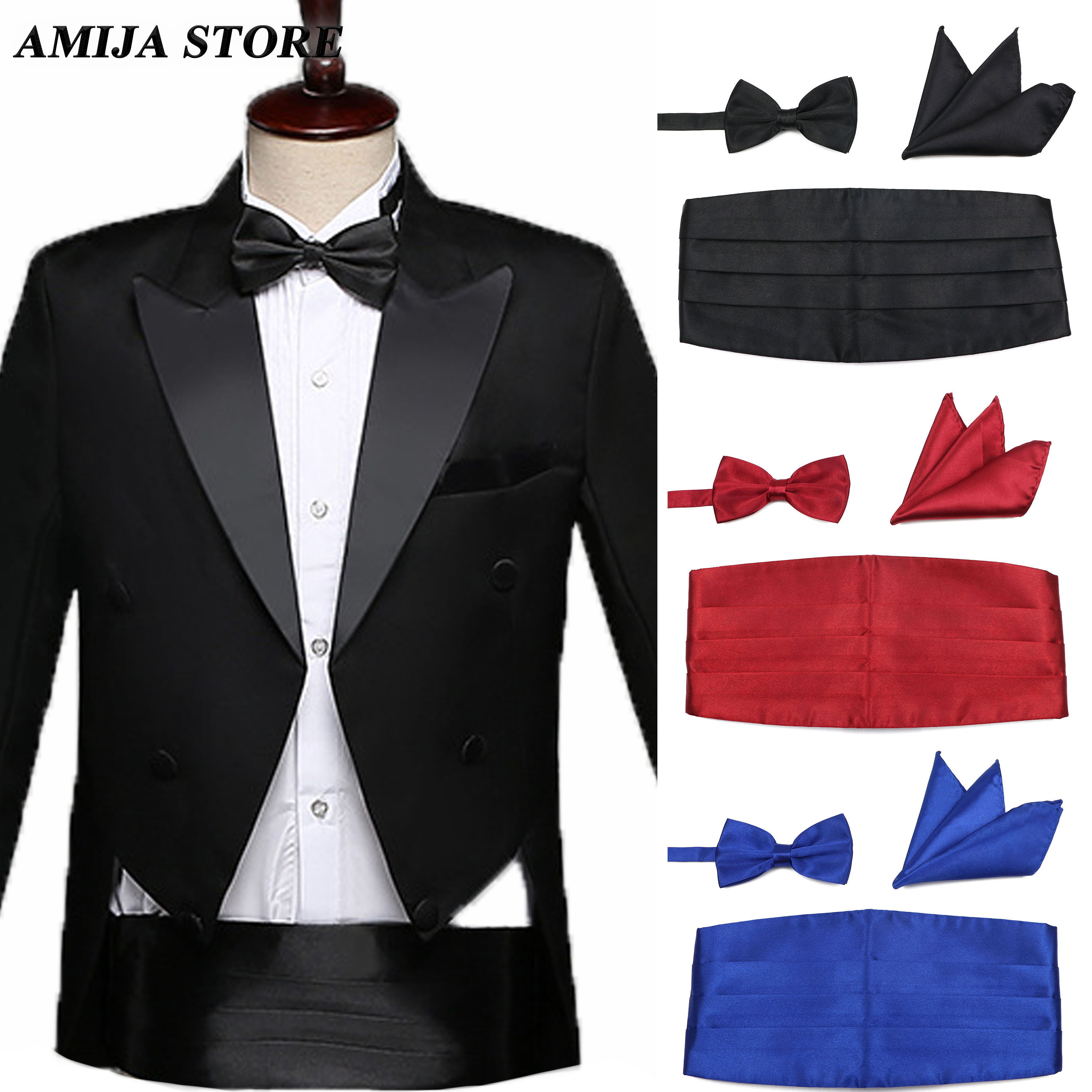 Set Persegi Saku Dasi Kupu-kupu Cummerbunds Pria Warna-warni Segel Pinggang Merah Hitam untuk Tuksedo Formal Setelan Aksesori Pesta Makan Malam Pernikahan