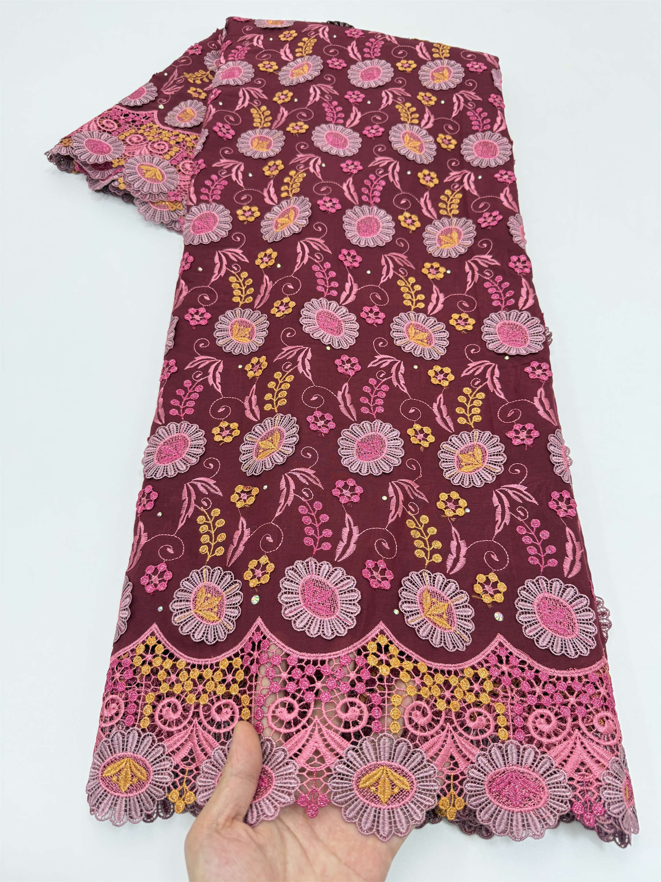 Vestido de fiesta de boda para mujer, suave, multicolor, 100% algodón, encaje suizo voile, con apliques de flores grandes en 3D y piedras, hecho en Suiza.