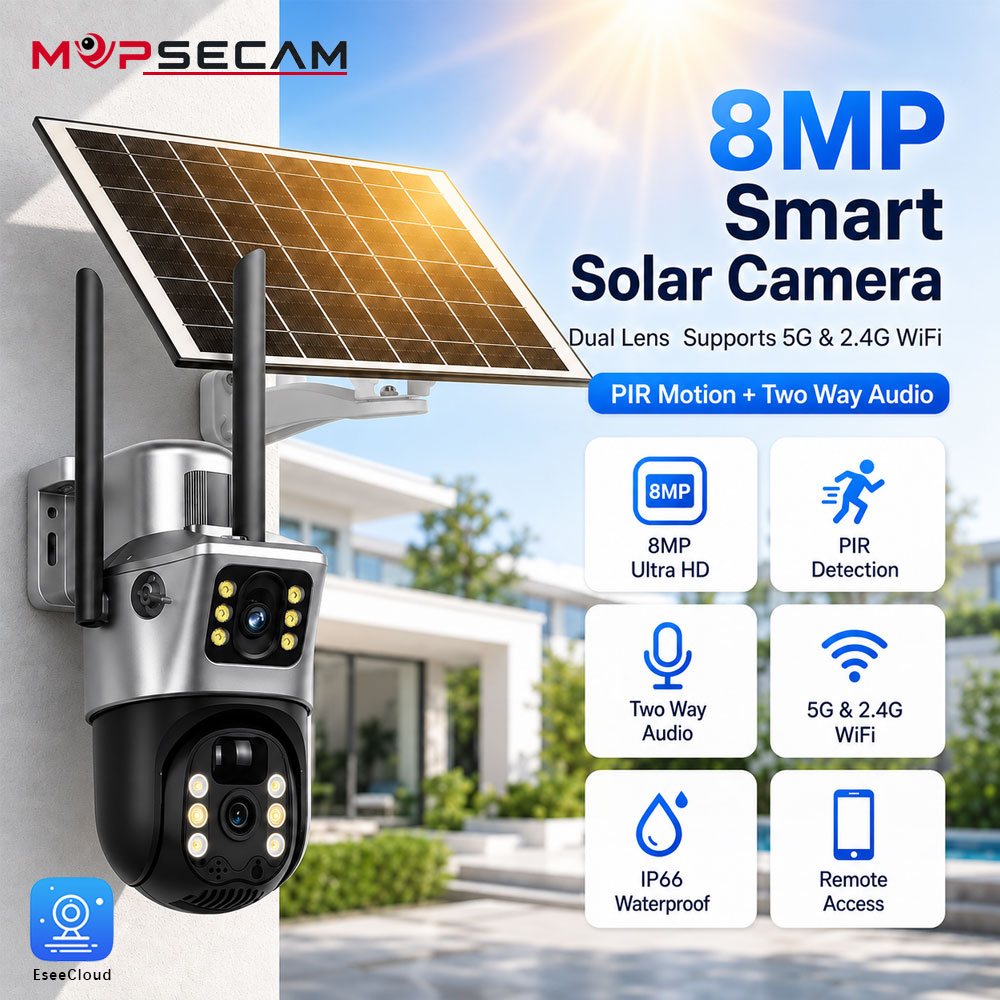 Caméra de sécurité solaire WiFi 8MP à double objectif, caméra de surveillance extérieure PTZ avec WiFi double bande 5G 2.4G, détection de mouvement PIR, audio bidirectionnel, étanche IP66, accès à distance, alimentée par énergie solaire, pour maison, cour