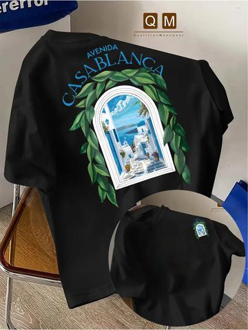 Men's Moroccan City Architecture Beach Print Pure Cotton T-Shirt with Casablanca Font - Sporty and Casual Women's YTK T-Shirt